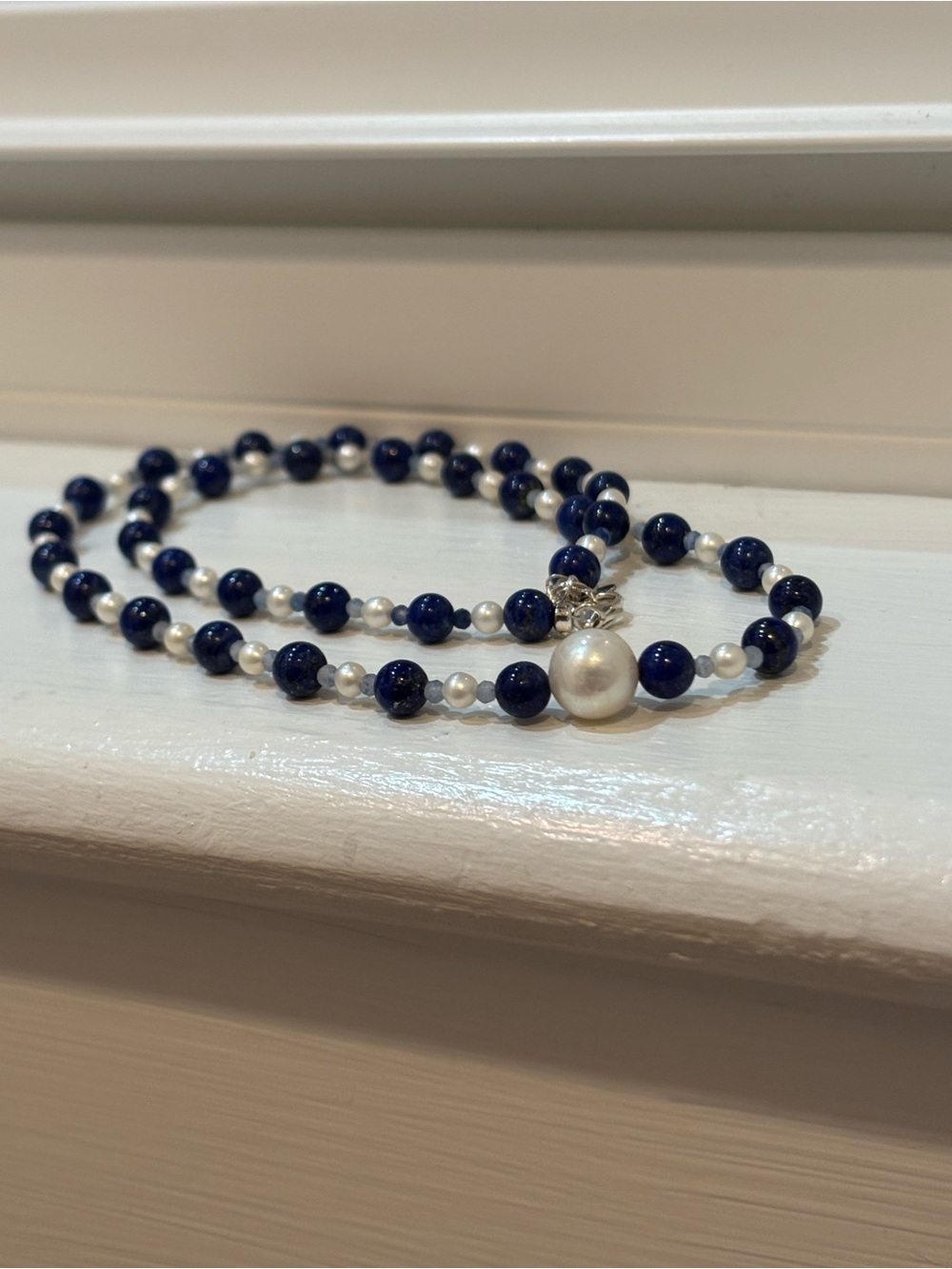 white freshwater pearl and lapis lazuli necklace With Blue Gemstones